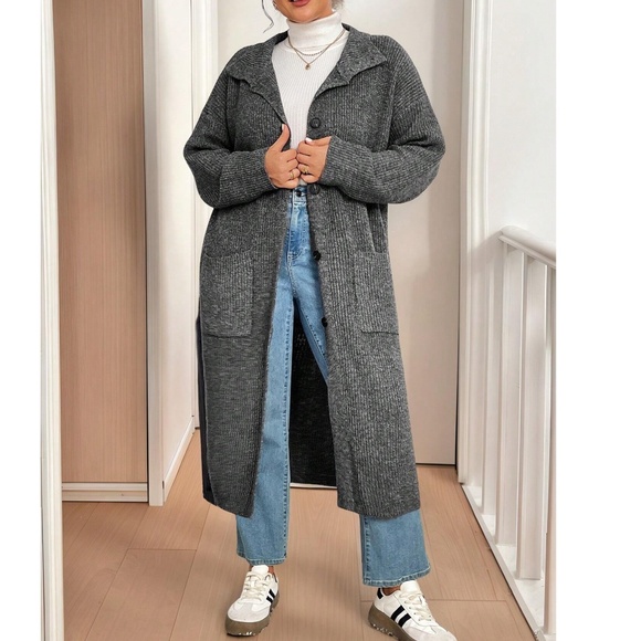 Plus Cozy Solid Button Down High Neck Pockets Oversized Cardigan - Picture 4 of 5